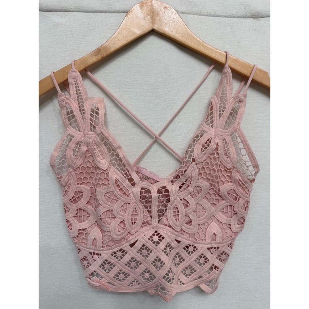 Peachy Pink Lace Bralette Small Floral Crochet Strappy Back Festival Crop Top